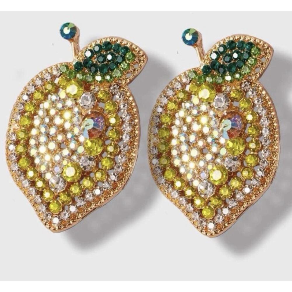 Sparkling Retro Yellow Green Crystal Rhinestone Lemon Fruit Stud Earrings Summer